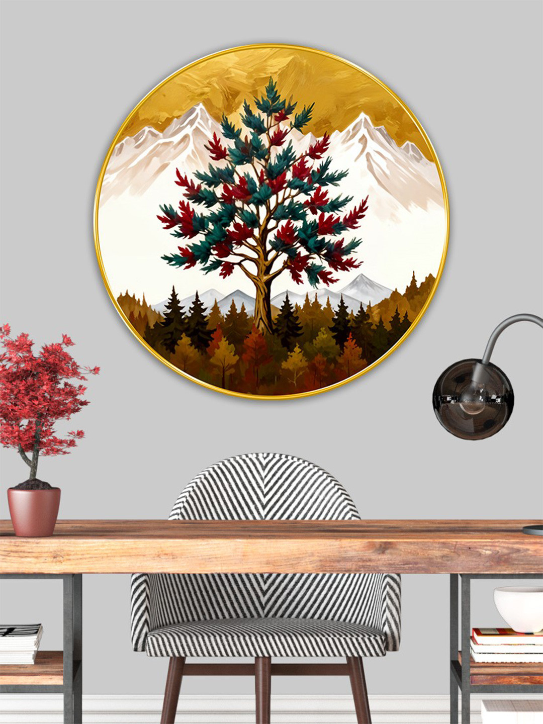 SAF White & Brown Wooden Floral and Botanical Rounded Wall Paintings