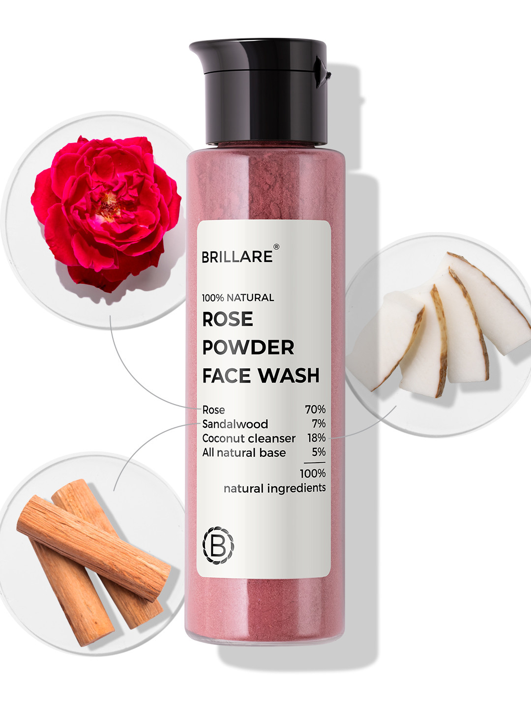 BRILLARE Rose Powder Face Wash for Younger Looking Skin With Sandalwood & Coconut - 30g
