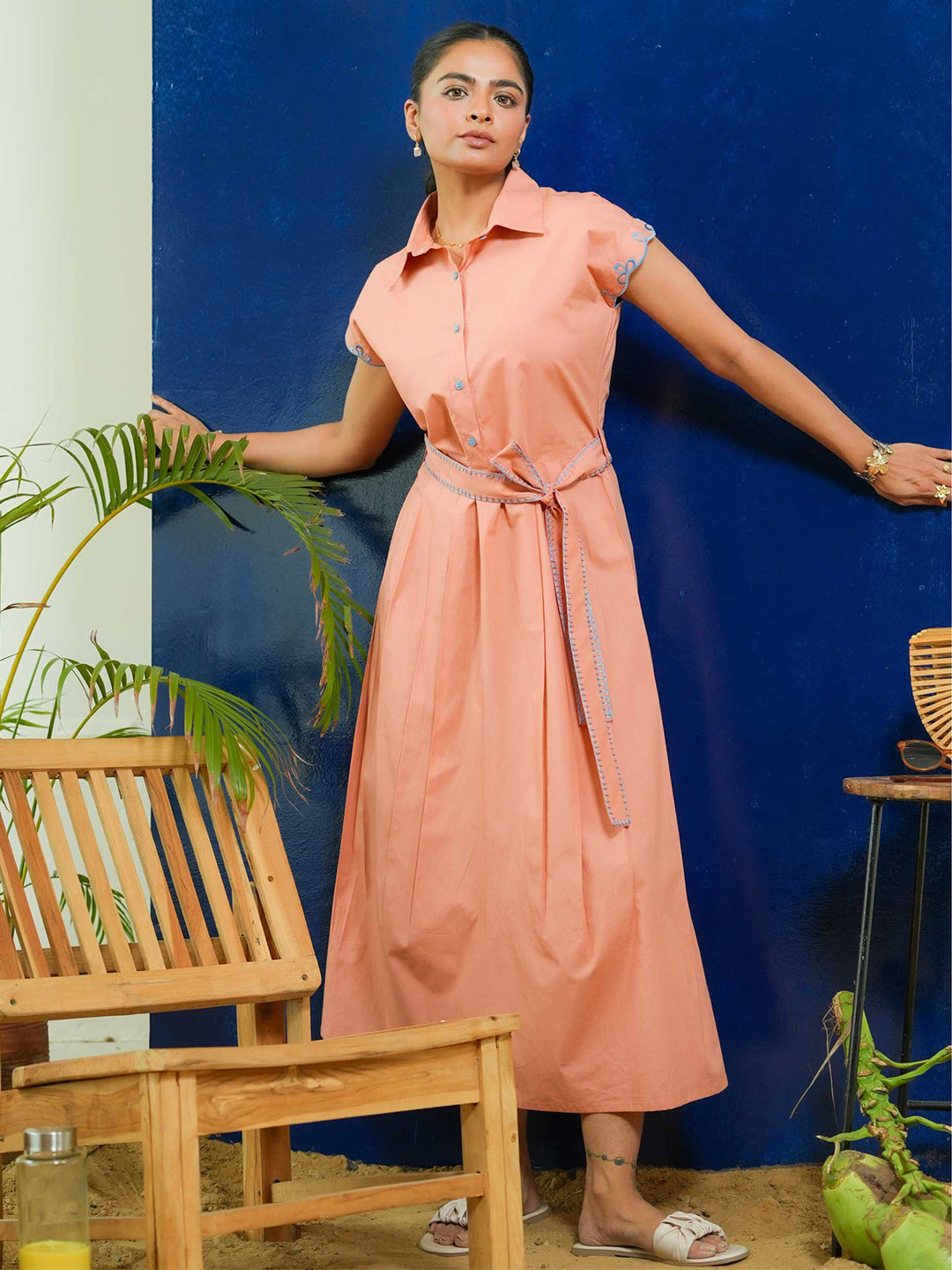 PINK CACTII Salmon Poplin Shirt Dress With Embroidered Belt