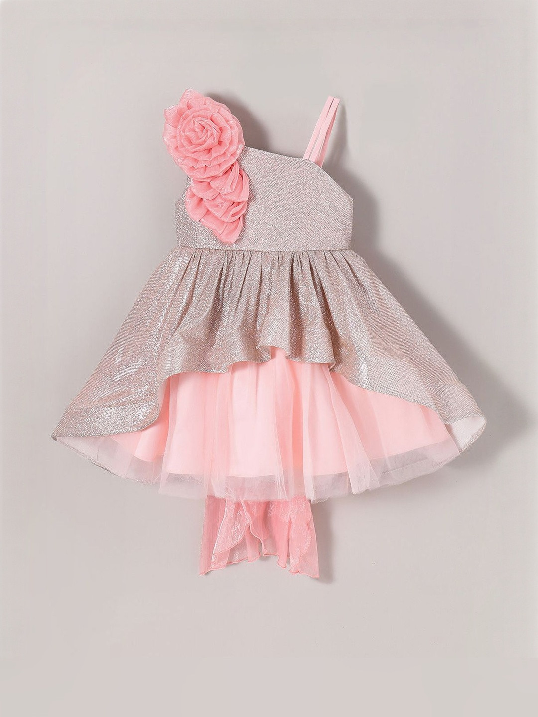 Hopscotch Girls Colourblocked Rosette Detail Shimmer Fit & Flare Dress