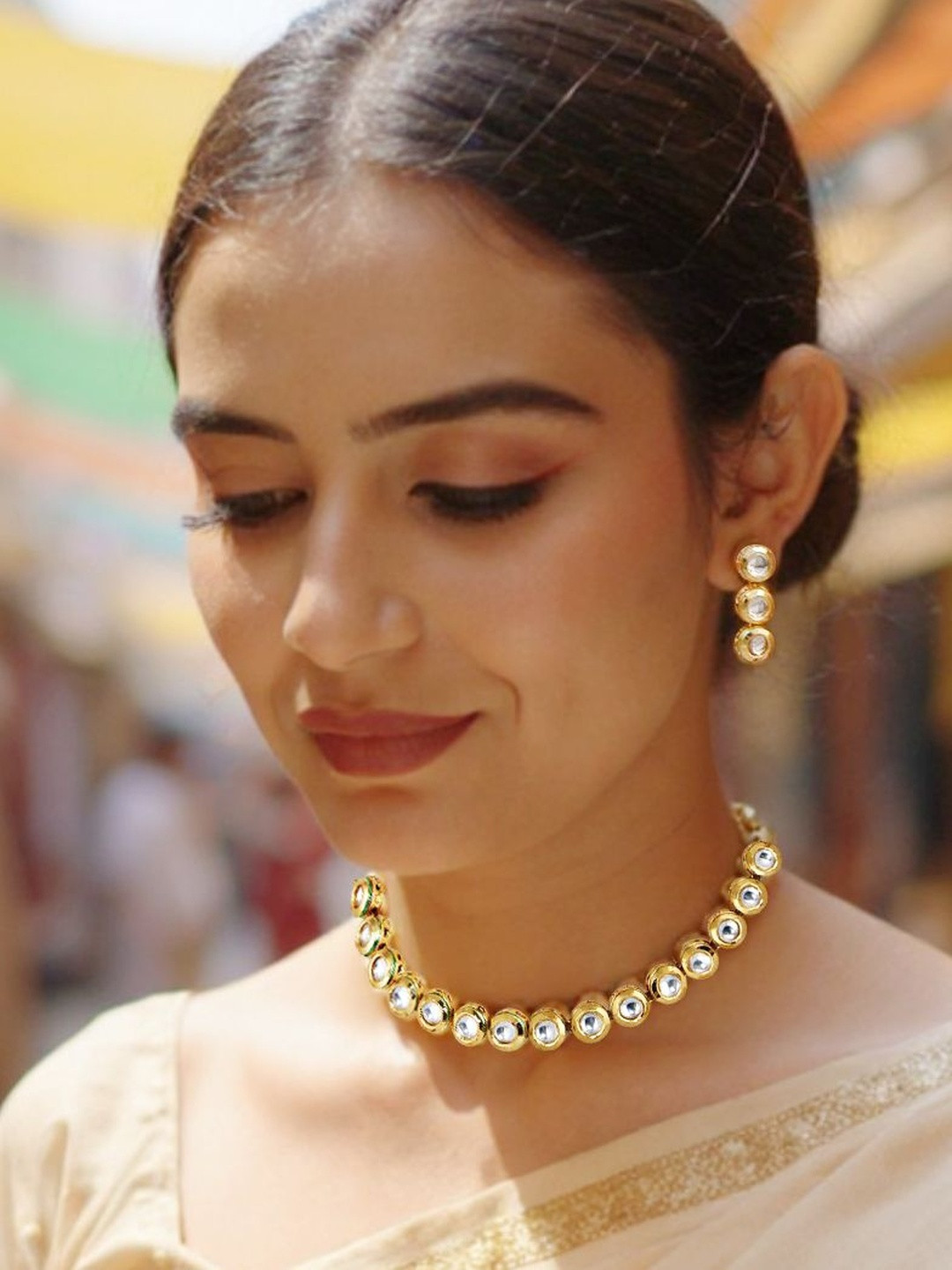 LUCKY JEWELLERY 18K Gold Plating Kundan Studded Meenakari Choker Necklace Set
