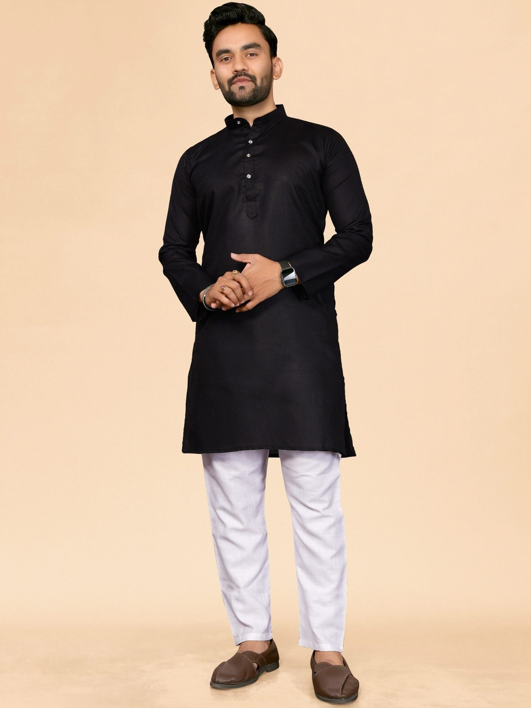 Moda Rapido Men Solid Long Sleeves Cotton Blend Knee Length Kurta
