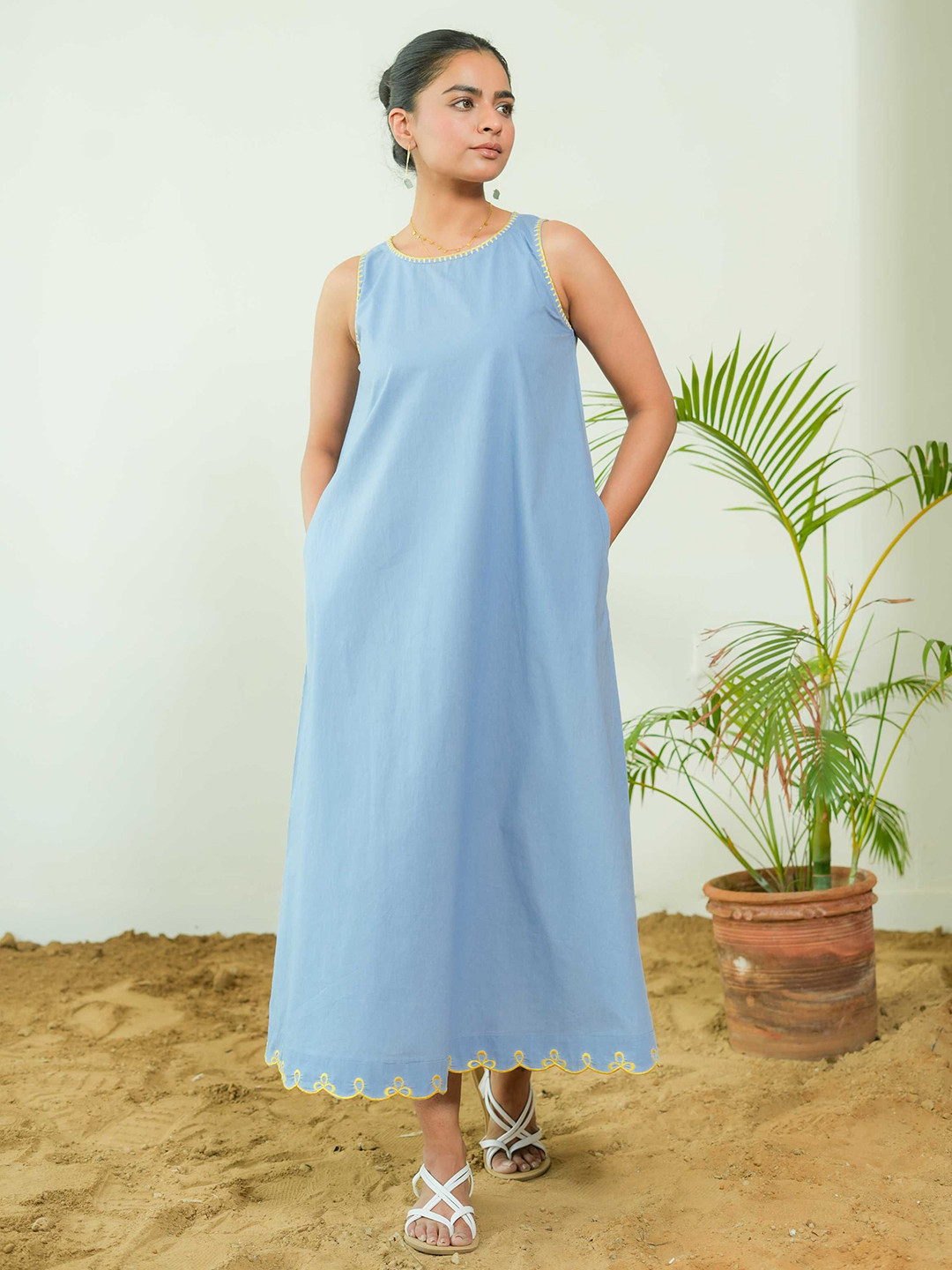 PINK CACTII Chroma Pop Women Powder Blue Cotton Round Neck A-Line Dress