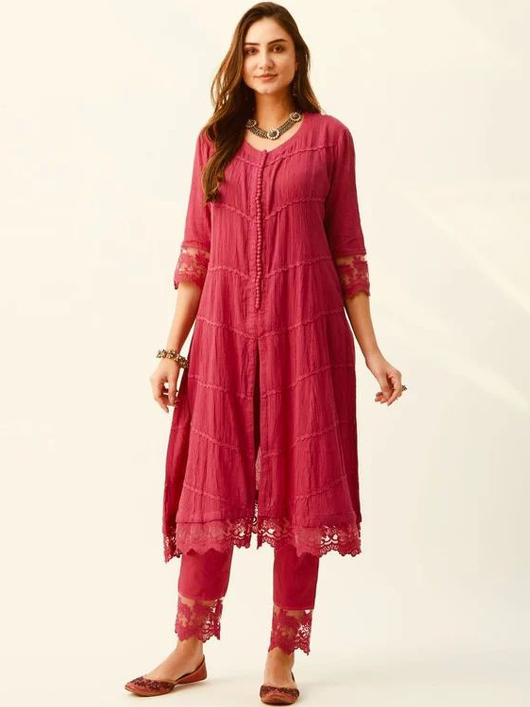 ROZE V-Neck Three-Quarter Sleeves Tiered Cotton A-Line Kurta