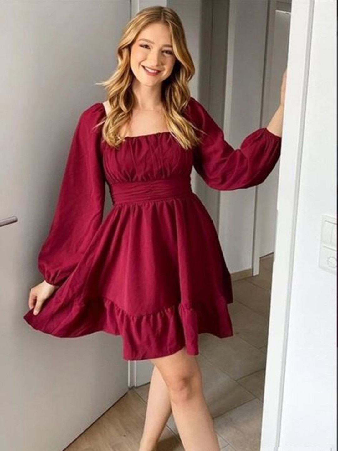 Har Women Clothing Puff Sleeve Smocked Fit & Flare Dress