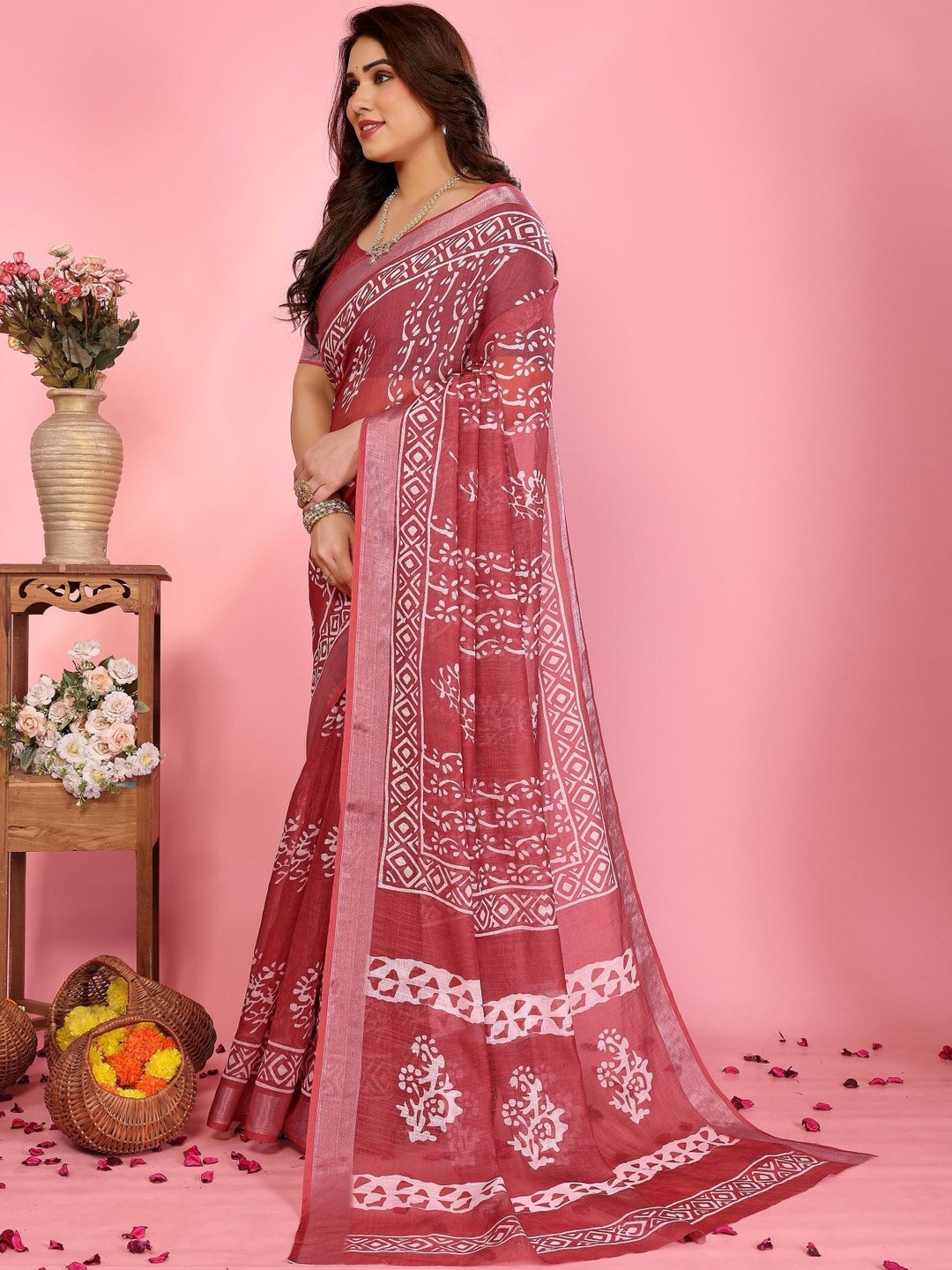 VJ FASHION Women Digital Printed Linen Cotton Saree With Unstitched Blouse Piece