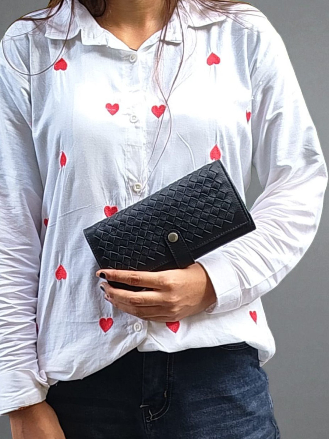 PERKED Black Woven Design Leather Three Fold Wallet