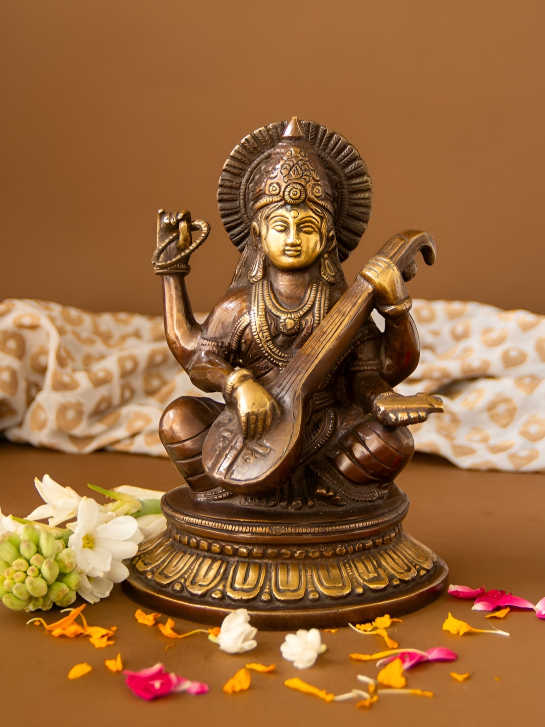 Imli Street Brown & Gold Goddess Maa Saraswati Religious Idol Metallic Showpiece