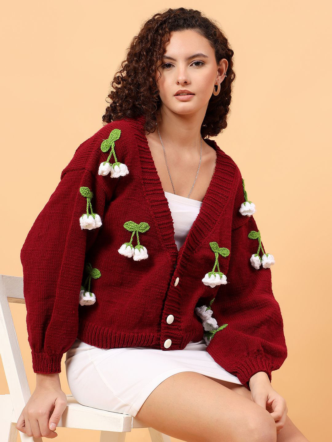 Velvery Women Floral Applique Cardigan Sweaters