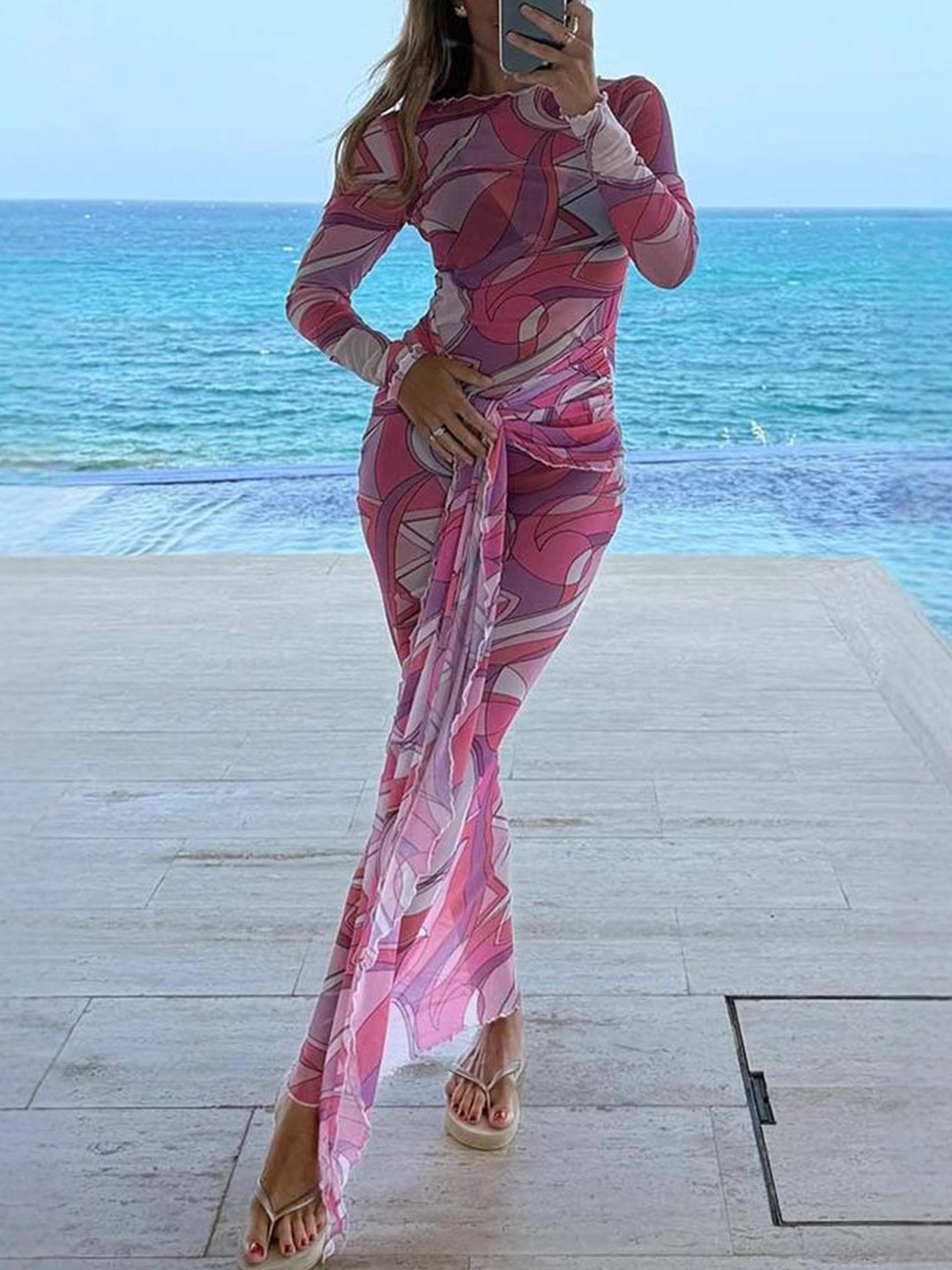 StyleCast x Revolte Women's Abstract Printed Ruffled Bodycon Maxi Dress