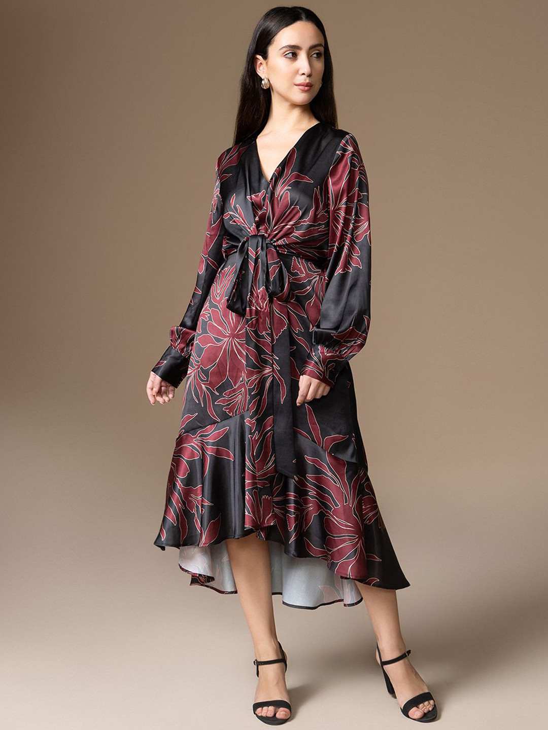 Kazo Women Floral Printed Cuffed Sleeves Tie-Up Fit & Flare Molly 2 Midi Dress