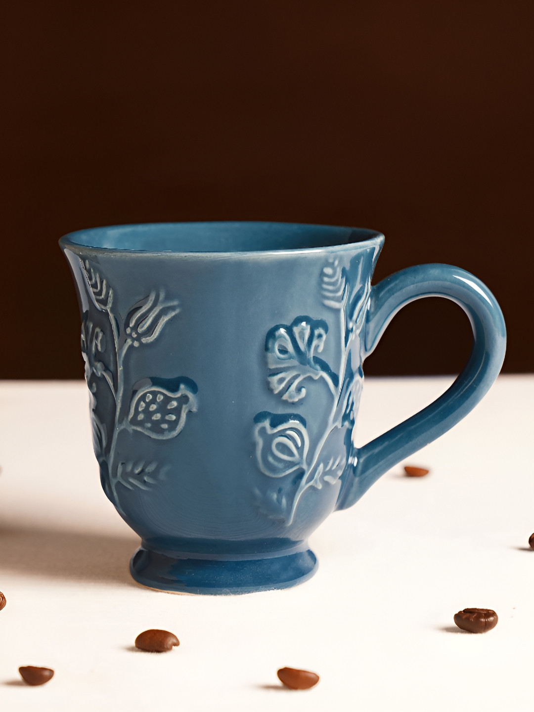 JAYPORE Teal Blue Floral Textured Stoneware Glossy Cup -300 ml