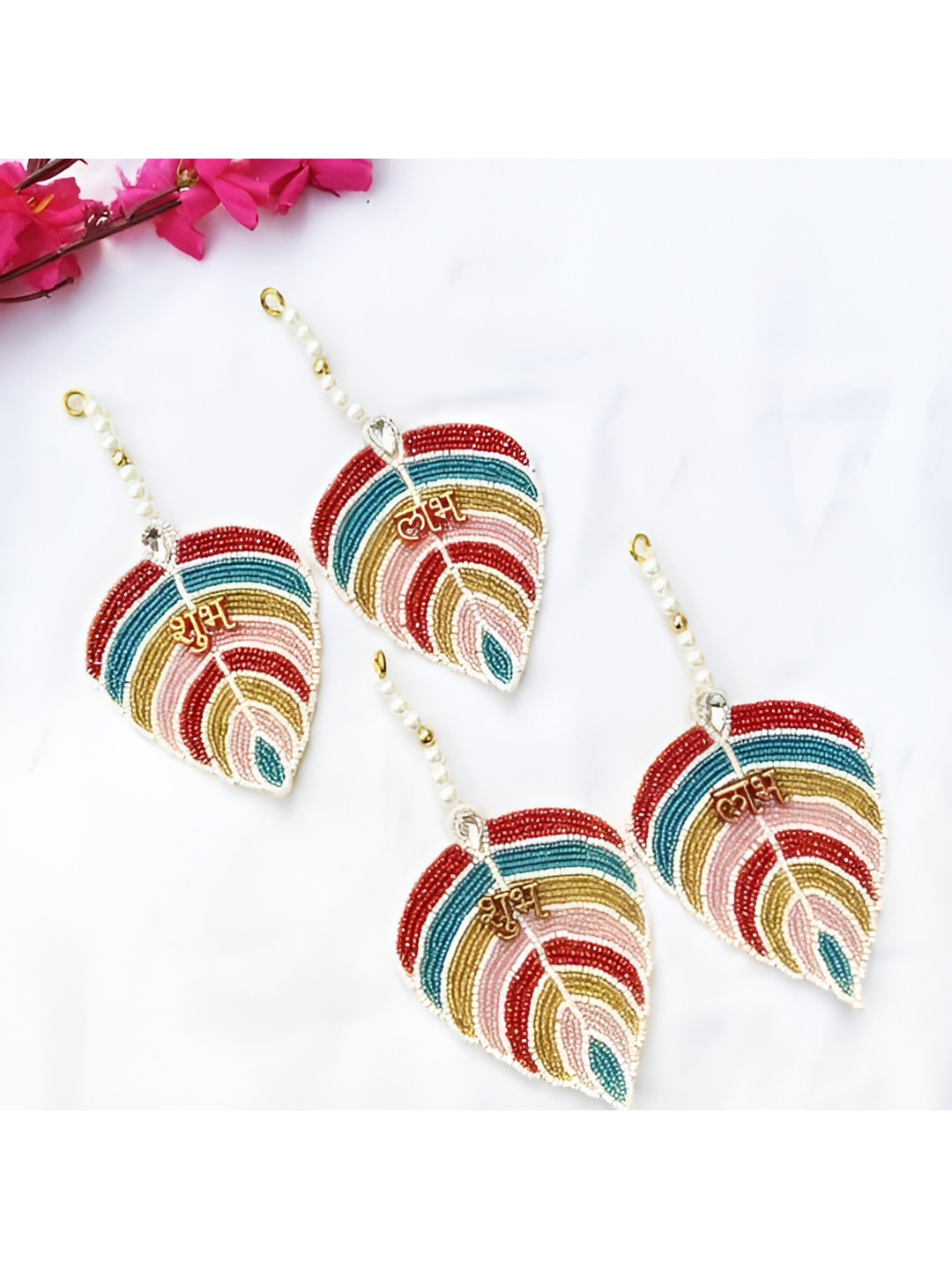 Sellplus Set Of 4 Red & Blue Textured Leaf Patch Hanging Torans