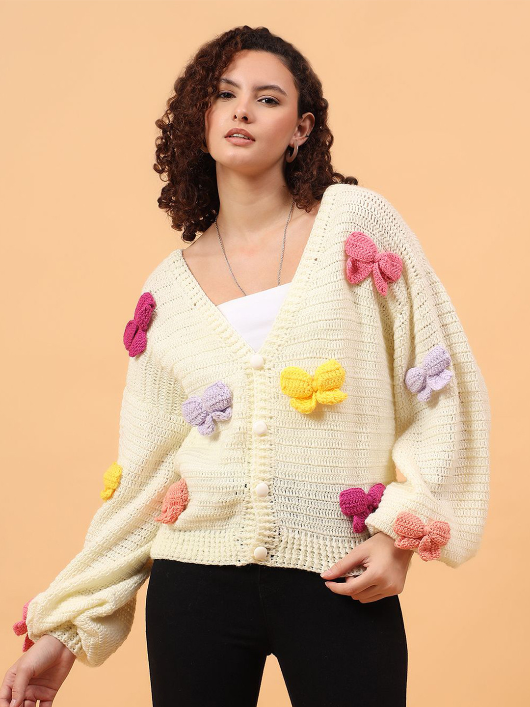 Velvery Women Self Design V Neck Applique Cardigan