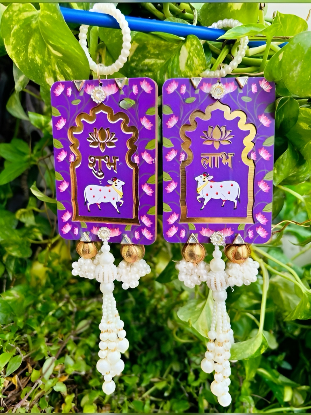 Sellplus Set Of 2 Purple & Pink Textured Pichwai Cow Shubh Labh Hanging Torans