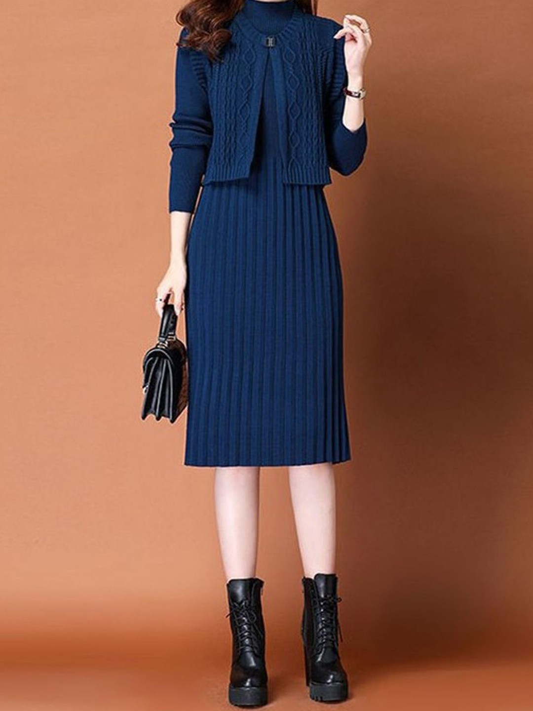 HERE&NOW Women Blue Cotton Blend Ribbed Dresses