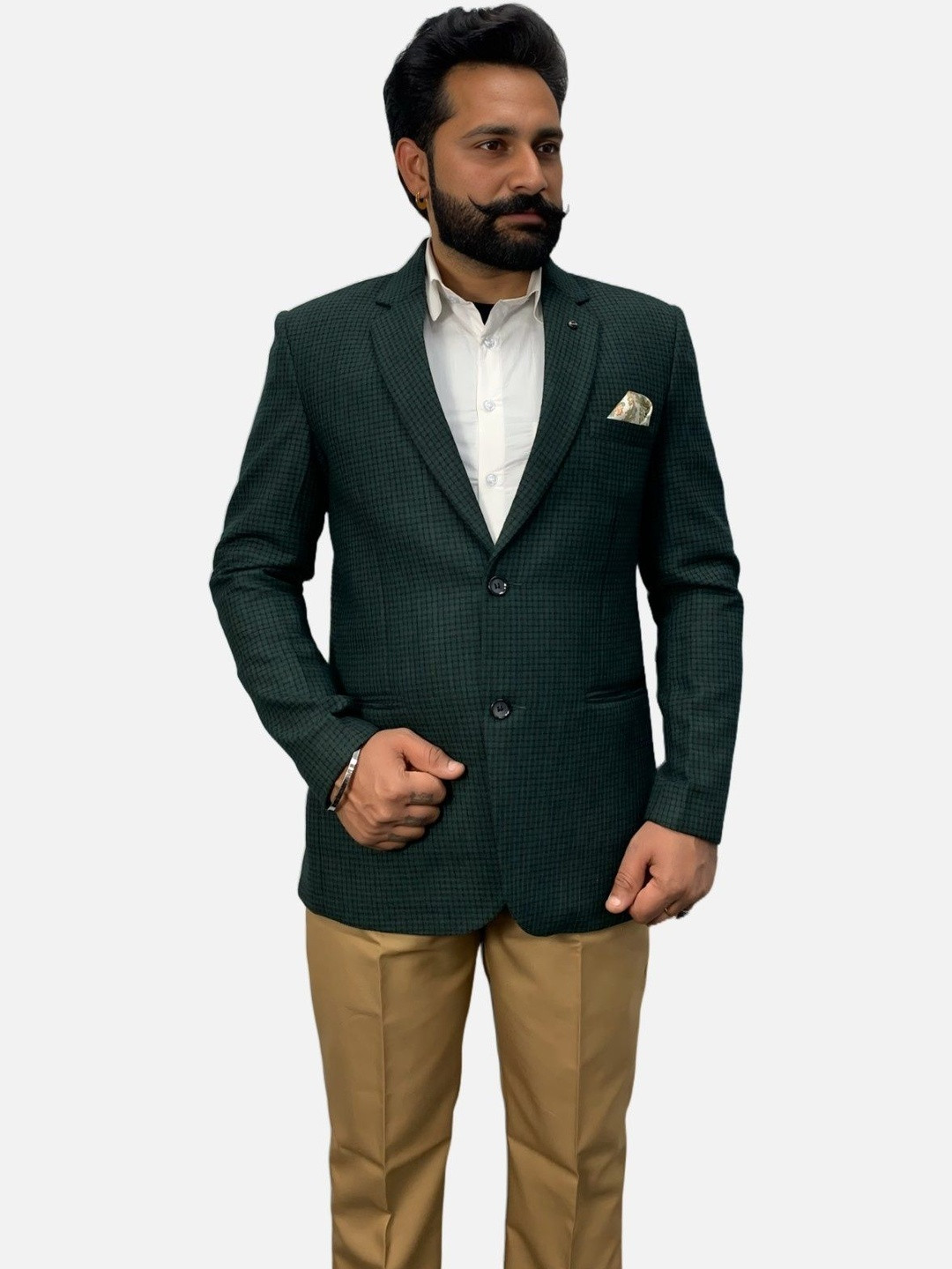 GARGIAN Master Cut Men Green Notched Lapel Checked Long Sleeves Cotton Blazers