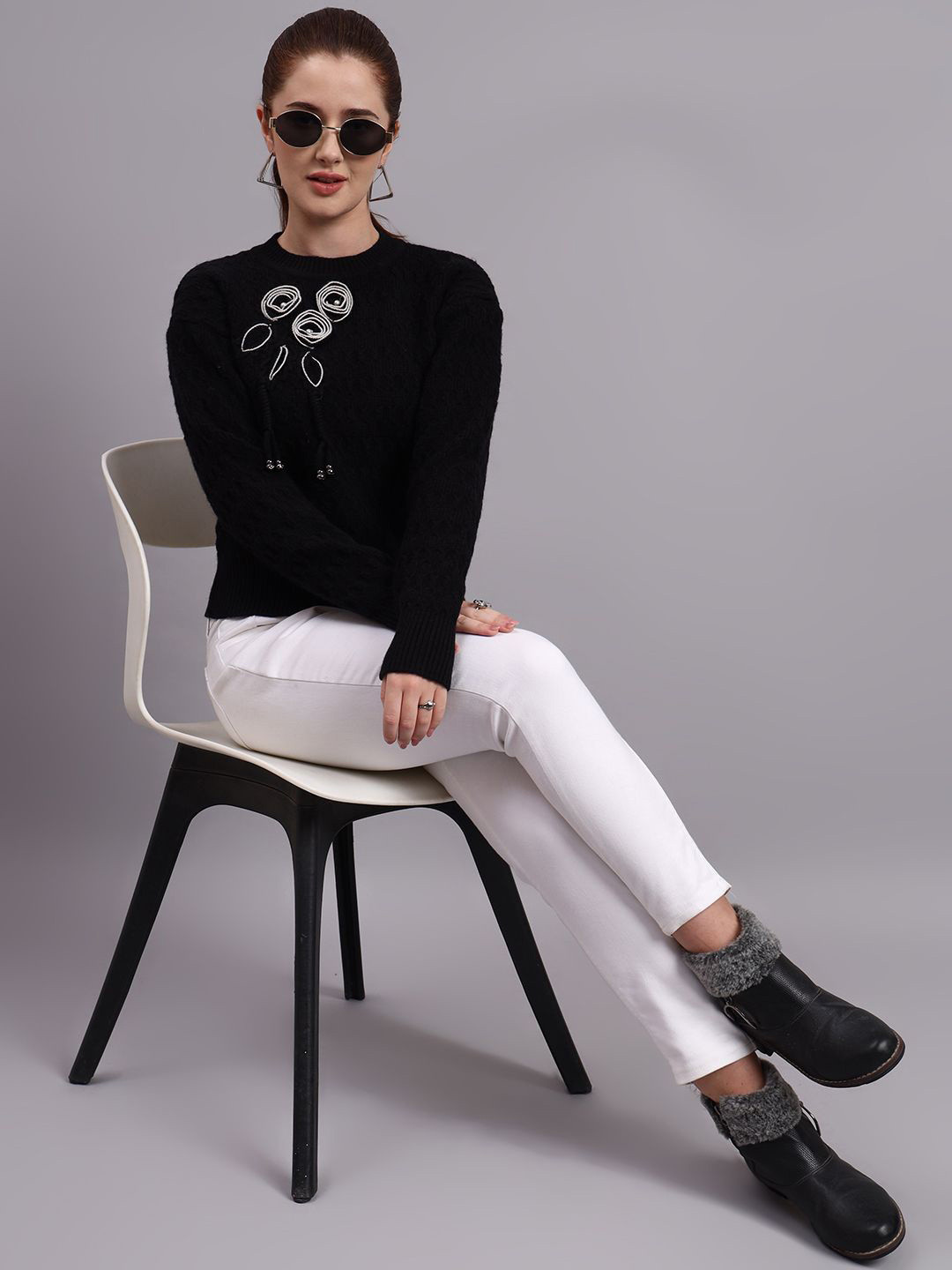 MODKLINE WITH MK Women Self Design Round Neck Cable Knit Woollen Pullover