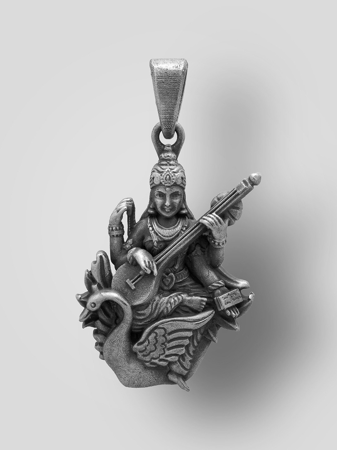 Exotic India Unisex Sterling Silver Goddess Saraswati Pendant