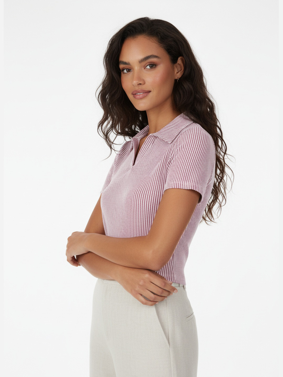 Mauve & White Vertical Striped Shirt Collar Top