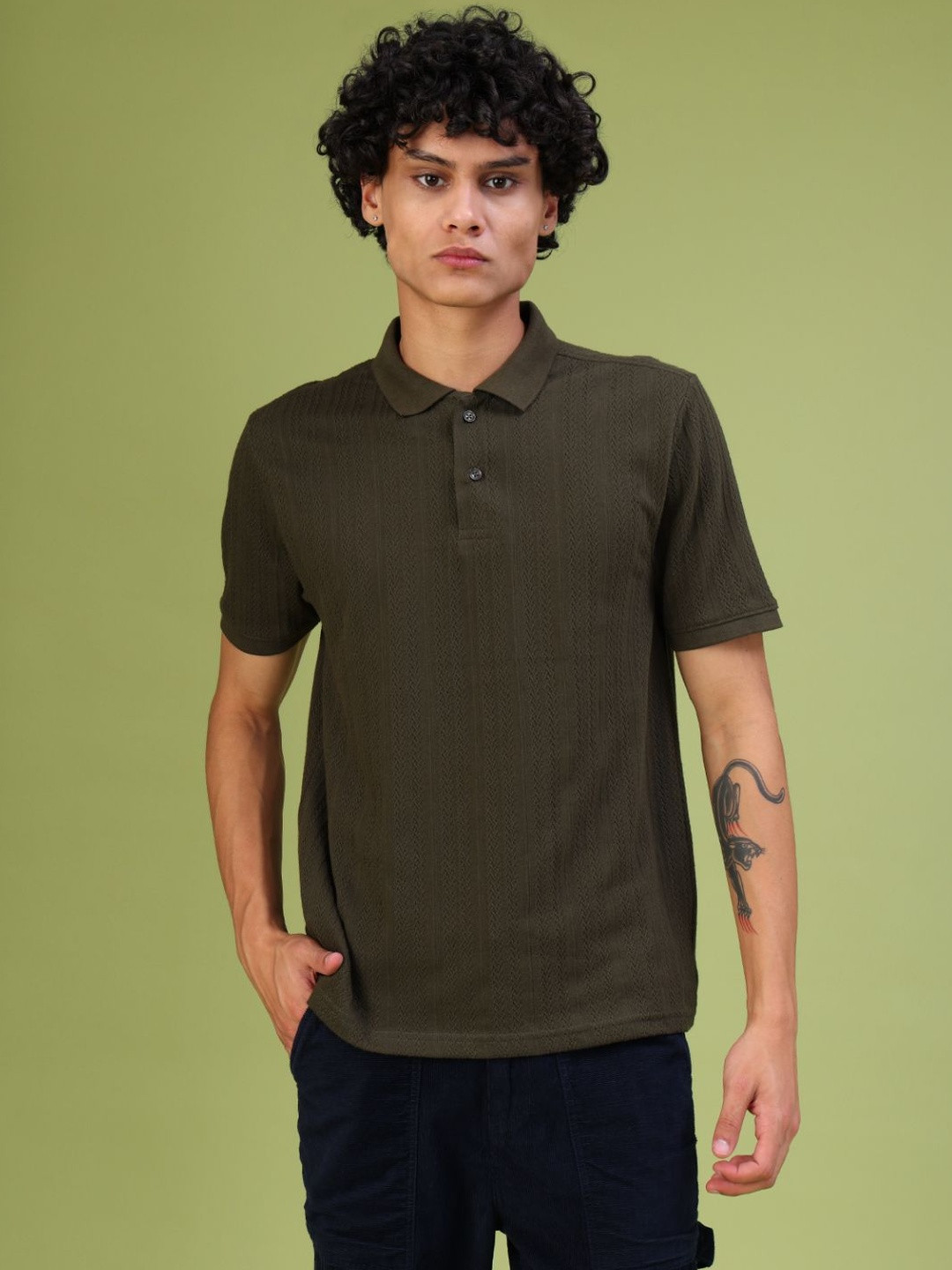 LIMEROAD Men Olive Green Polo Collar Self Design Jacquard Cotton T-shirt