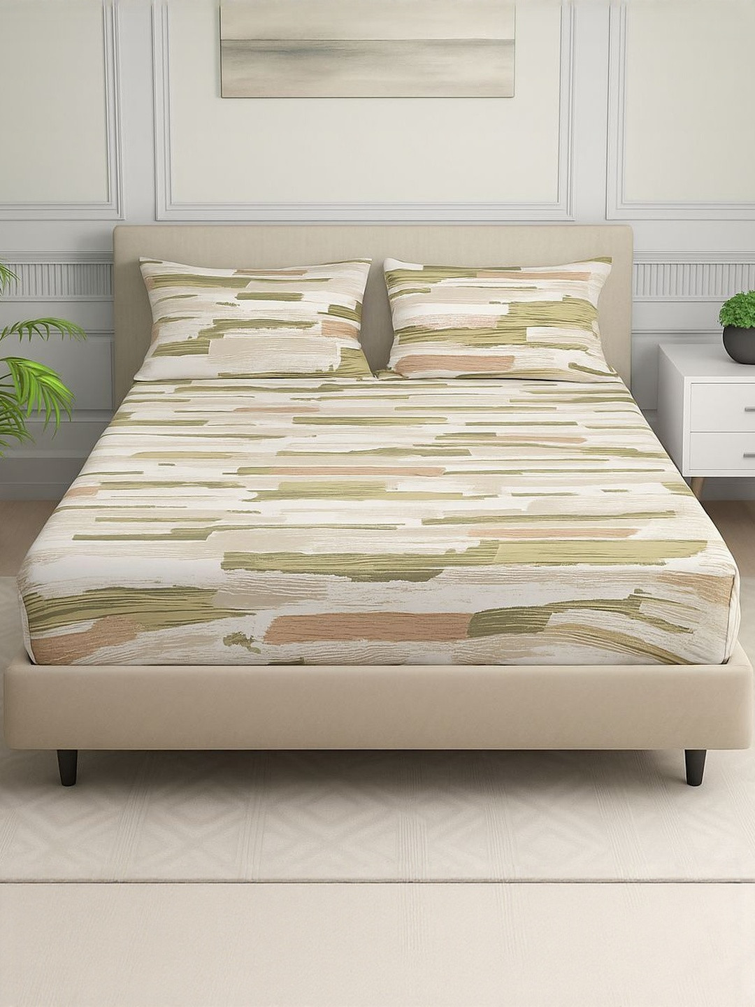 Signature Green & Beige 120 TC King Bedsheet with 2 Pillow Covers