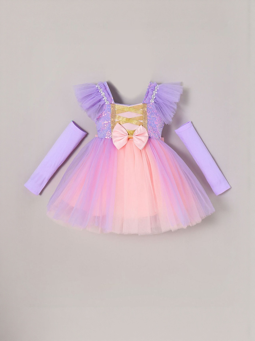 Hopscotch Girls Embellished Bow Detail Removable Sleeve Sequined Tulle Fit & Flare Dress