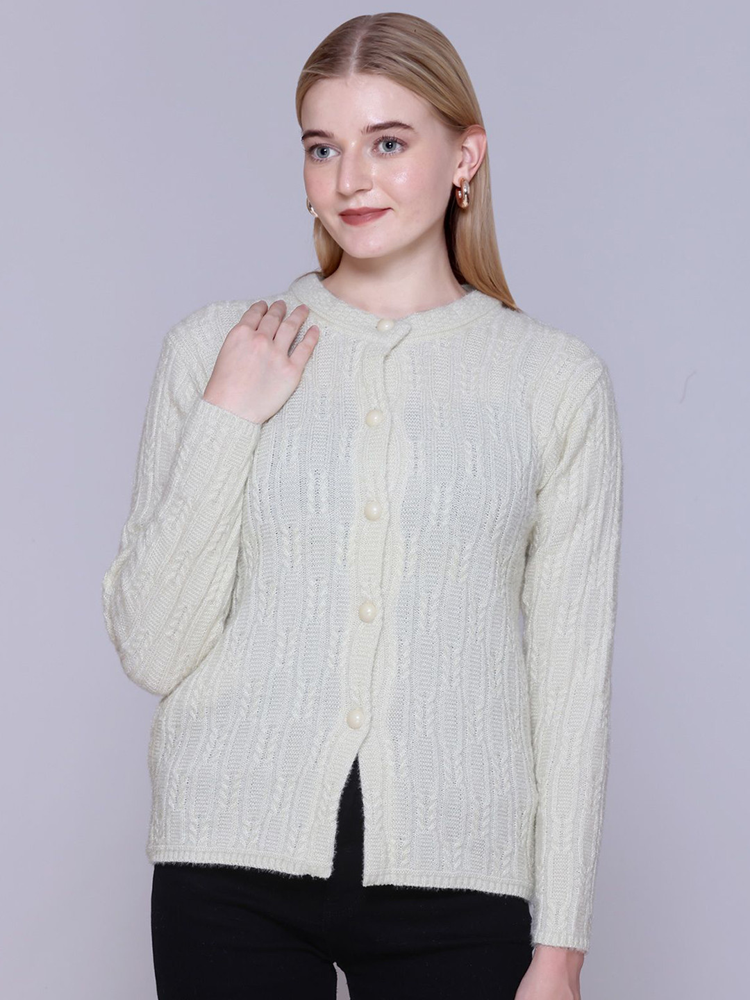 FIRST SLEEP Women Woollen Full Sleeve self Design Cardigan Sweaters