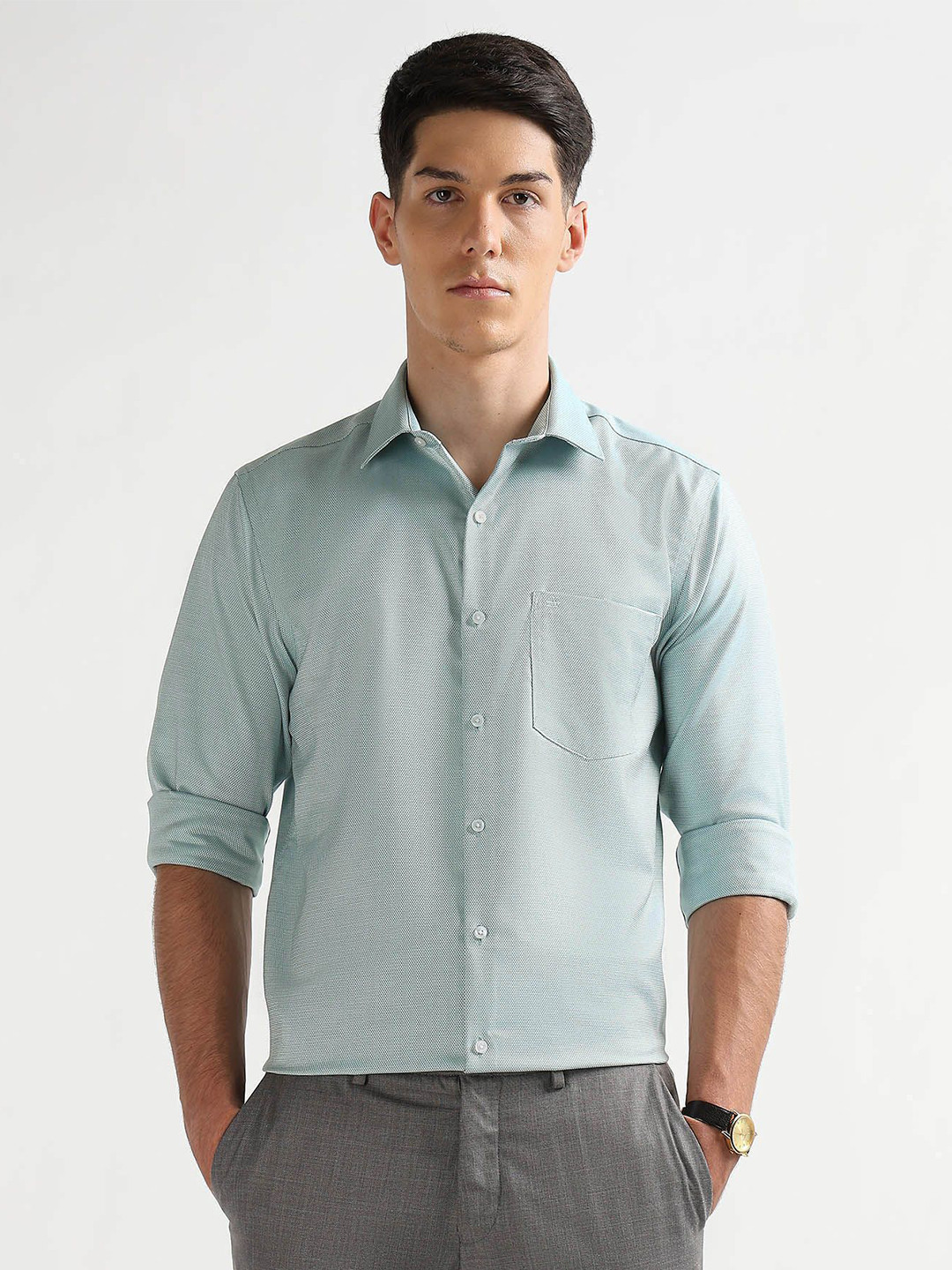 Arrow Men Solid Textured Long Sleeves Auto Press Formal Shirt