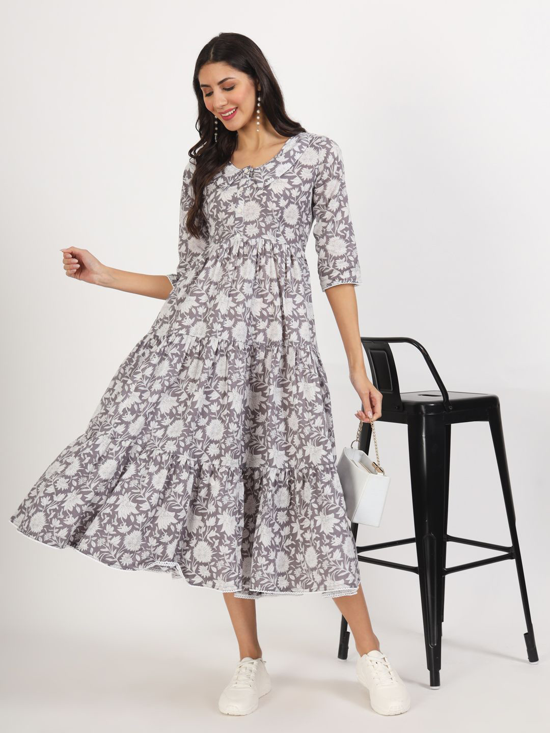 Chandbaali Women's  Floral Printed Shirt Collar Fit & Flare Midi Dress