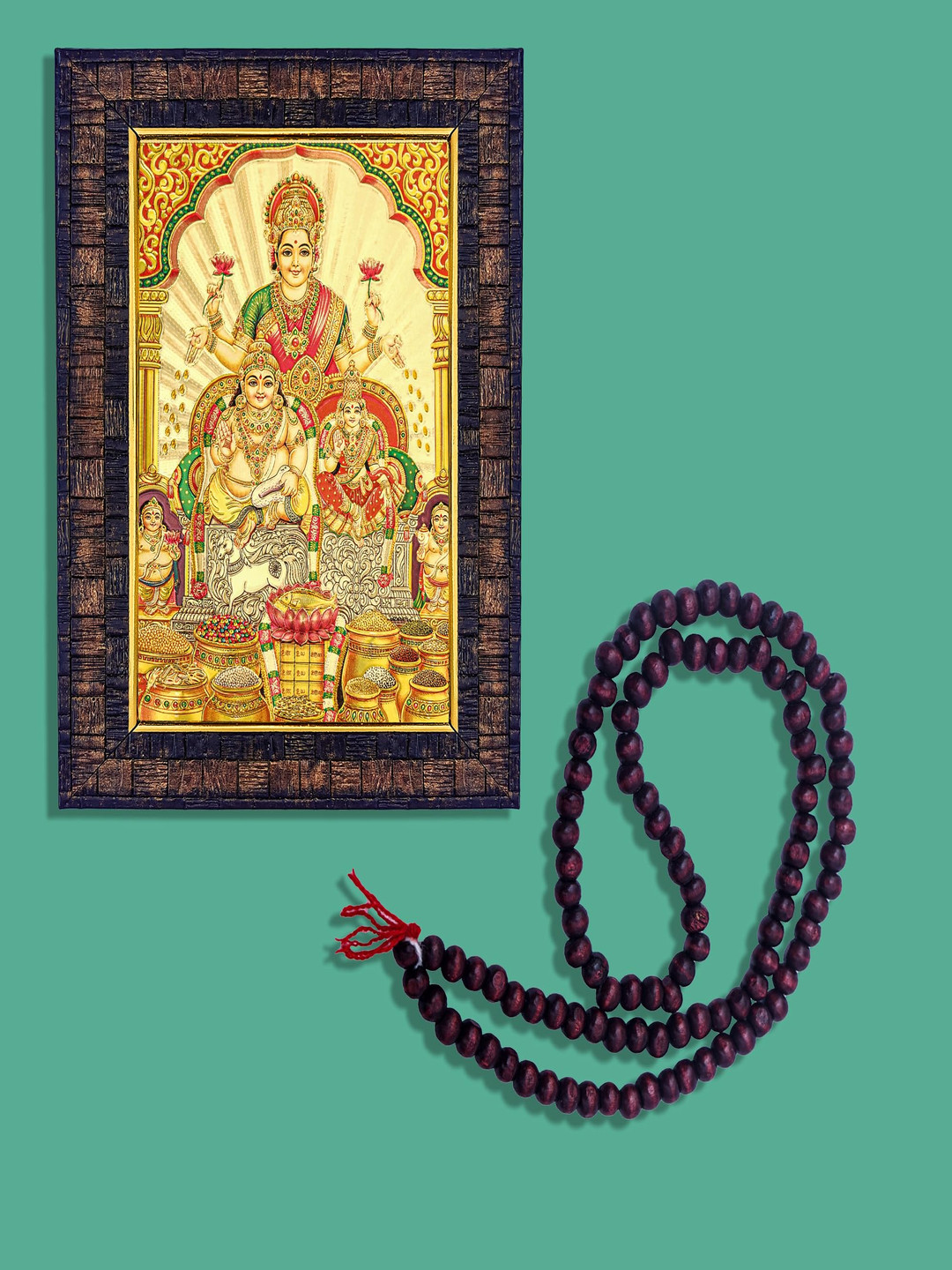 Hawai Gold Toned Ganesh Lakshmi Wooden Photo Frame With Mala
