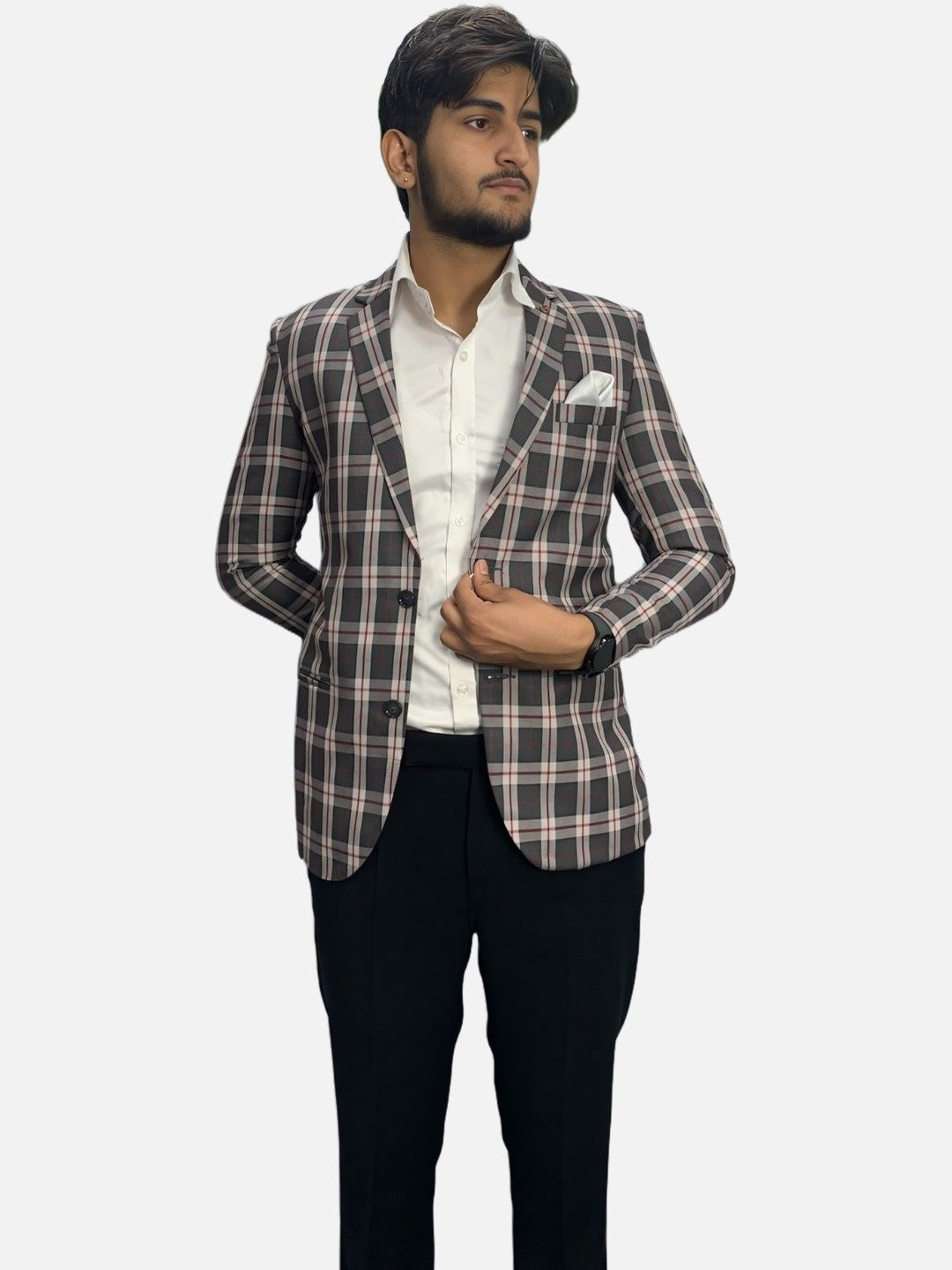 GARGIAN Master Cut Men Brown Check Printed Polyviscose Formal Blazers
