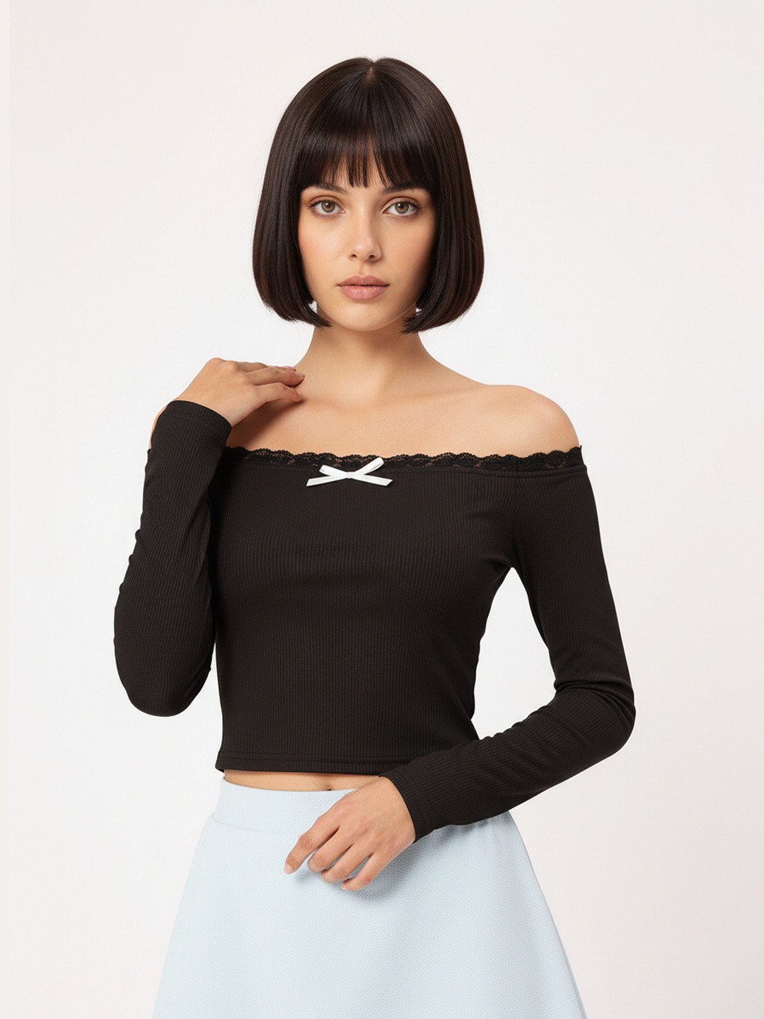 DressBerry Bow Charm Lace-Detail Ribbed Bardot Top