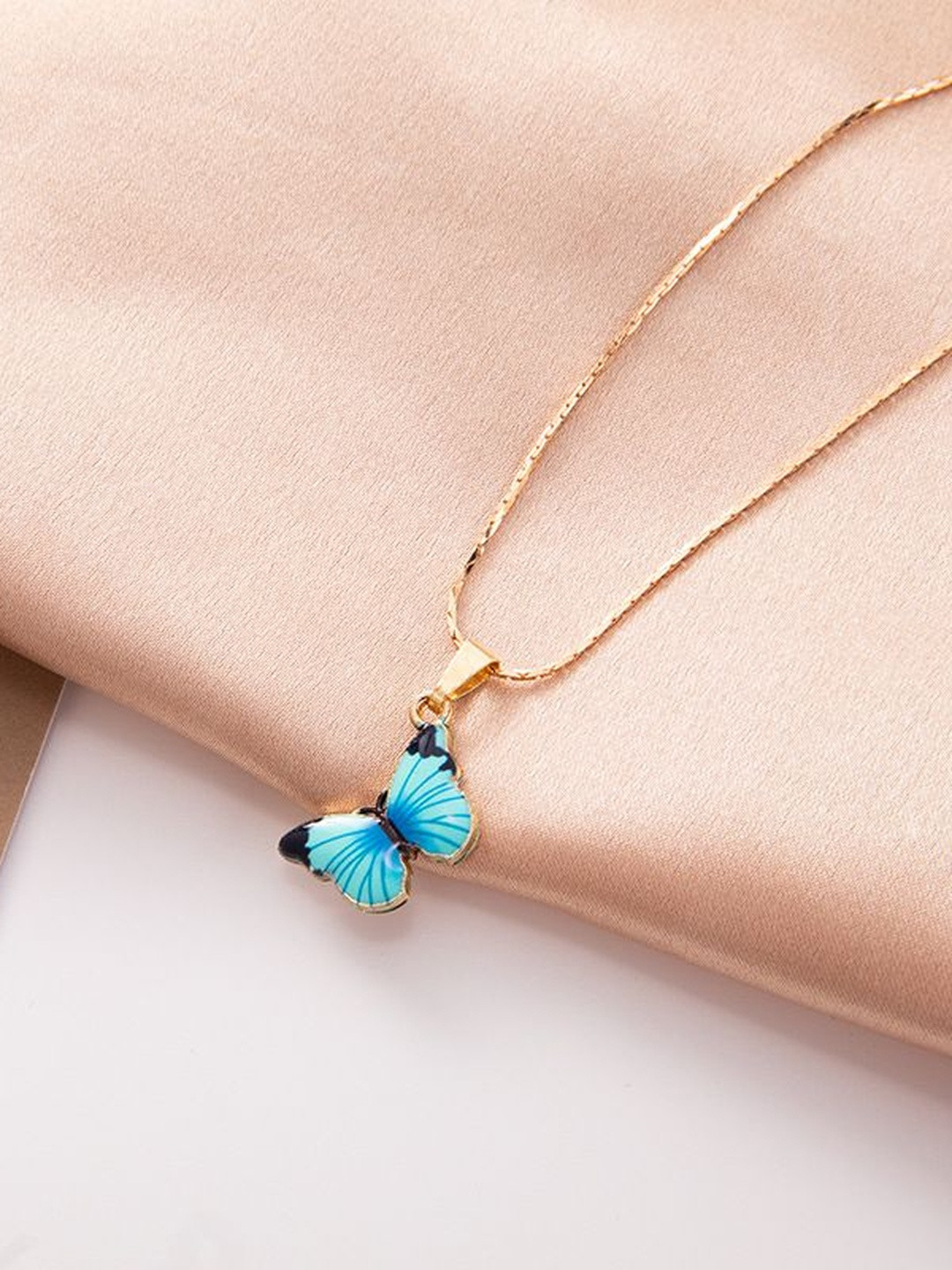 Arzonai Women Alloy Gold & Blue Butterfly Pended Necklace