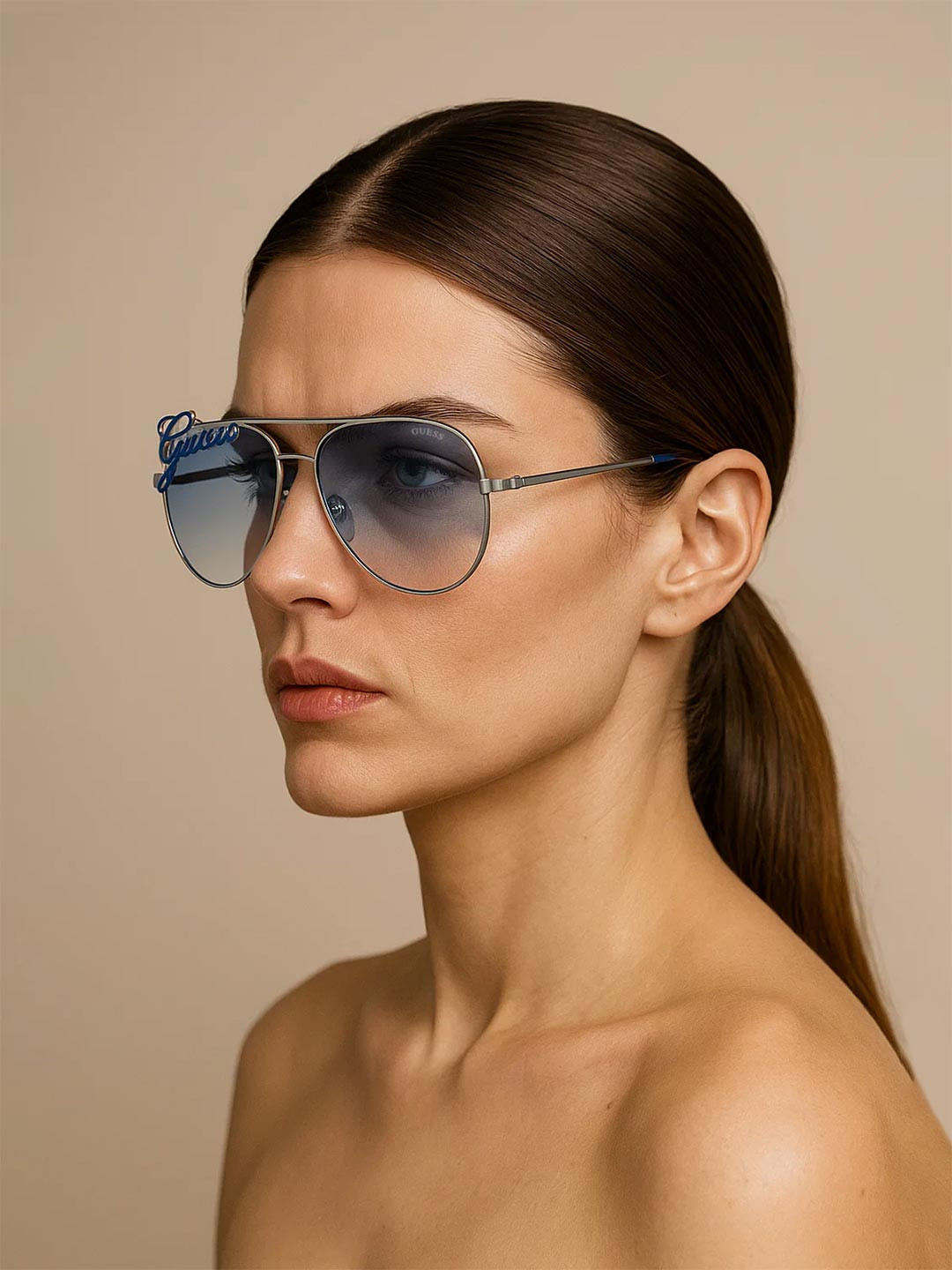 GUESS Women Blue Lens & Silver-Toned Aviator Sunglasses with Polarised Lens GUS77396010XSG
