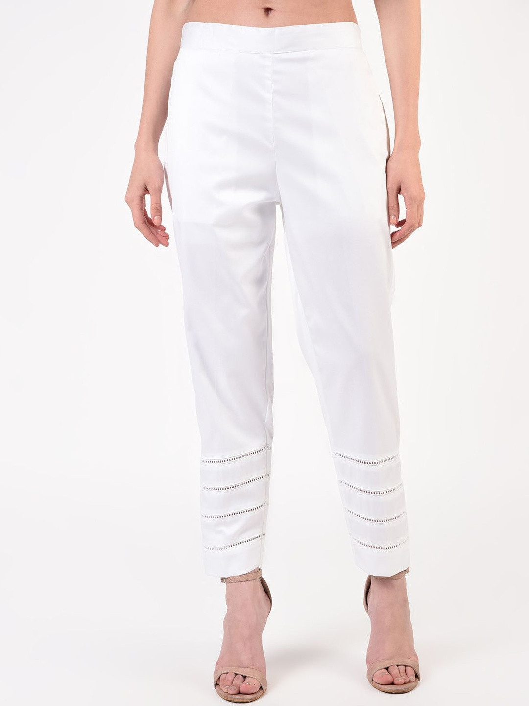 Moda Rapido Women White Lace Detail Relaxed Easy Wash Cotton Trouser