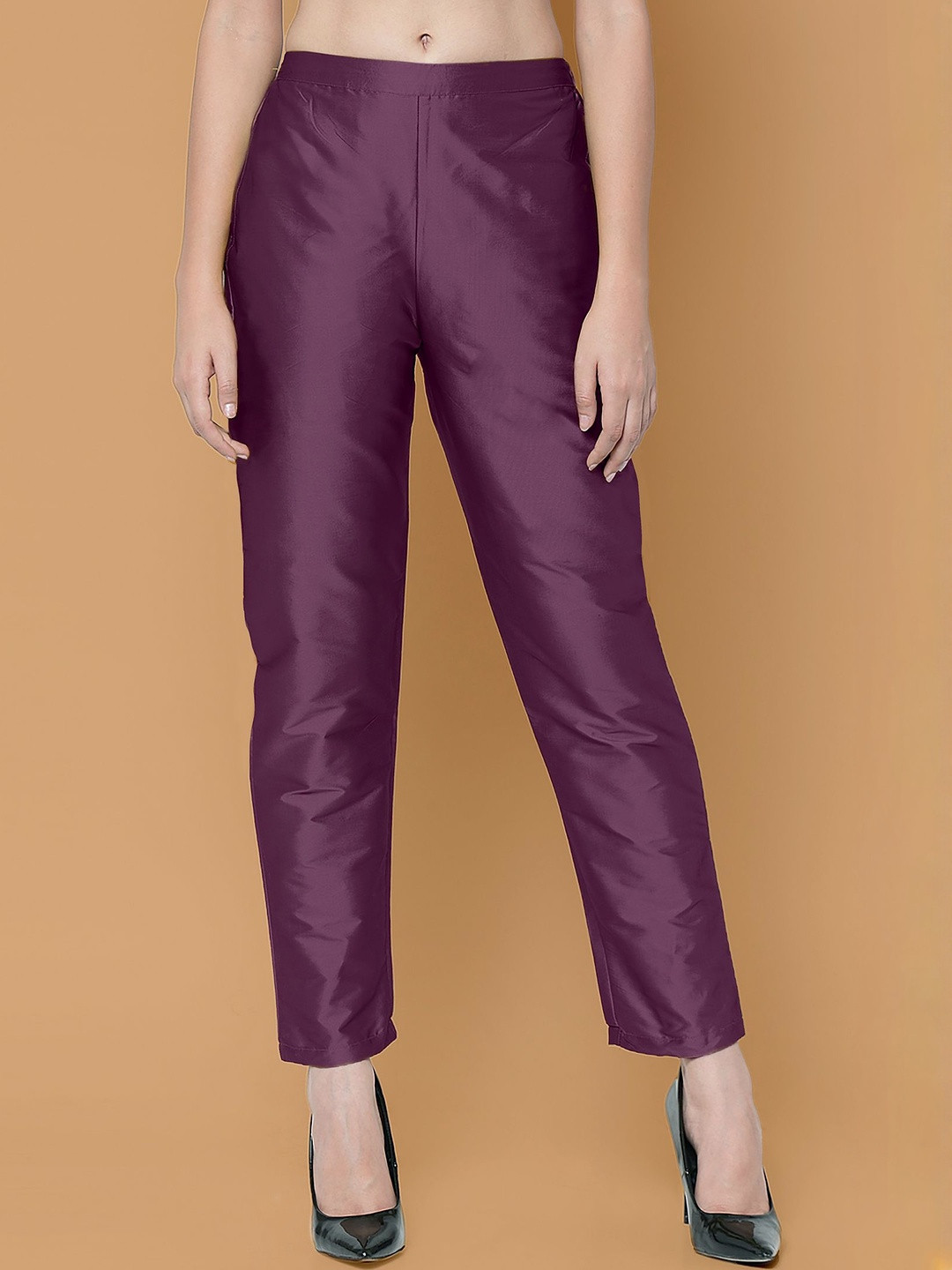 Moda Rapido Women Solid Partially Elasticated Waistband Taffeta Silk Pants