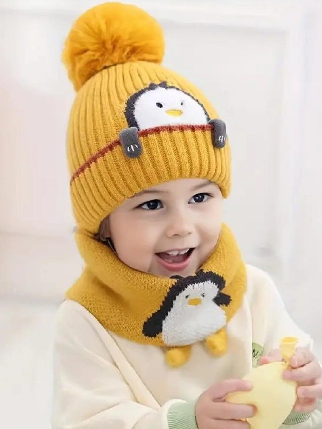 TOMKOT Kids Printed Pom Pom Beanie Cap & Neck Warmer Woollen Hat Scarf Set