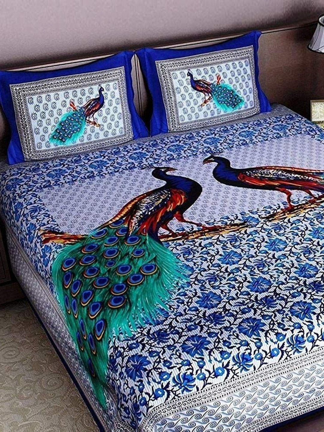 UNIBLISS Blue & White Floral 144 TC Cotton Queen Bedsheet Set 2.35m x 2.15m