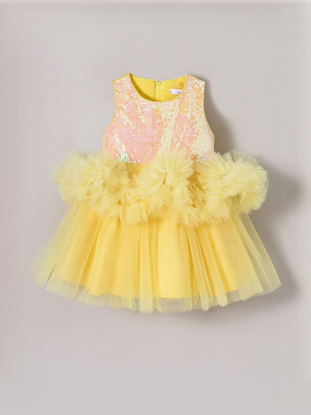 Hopscotch Self Design Embellished Round Neck Ruffle Fit & Flare Dress