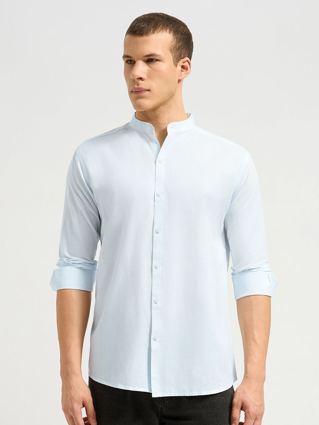 MISCHIEF MONKEY Classic Band Collar Linen Cotton Shirt