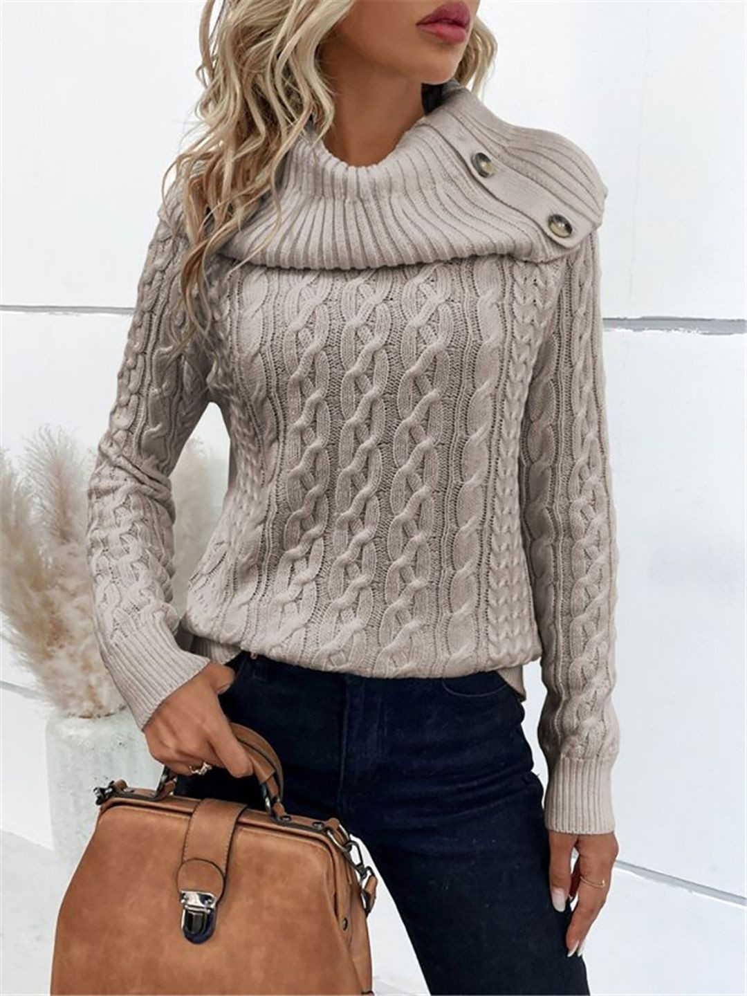 StyleCast Women Cable Knit Self Design Cowl Neck Pullover