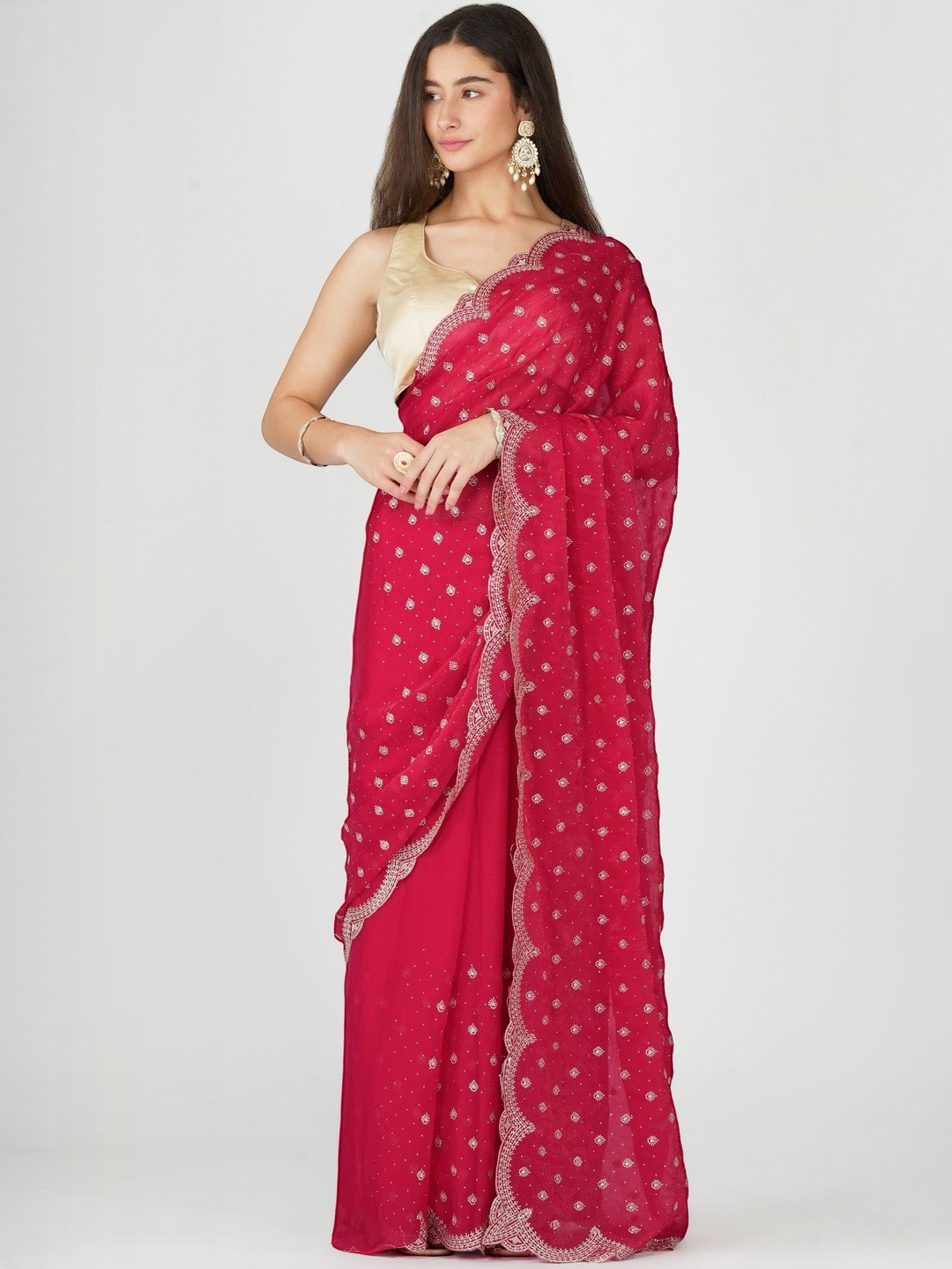 D tales Embellished Embroidered Poly Chiffon Heavy Work Fashion Saree