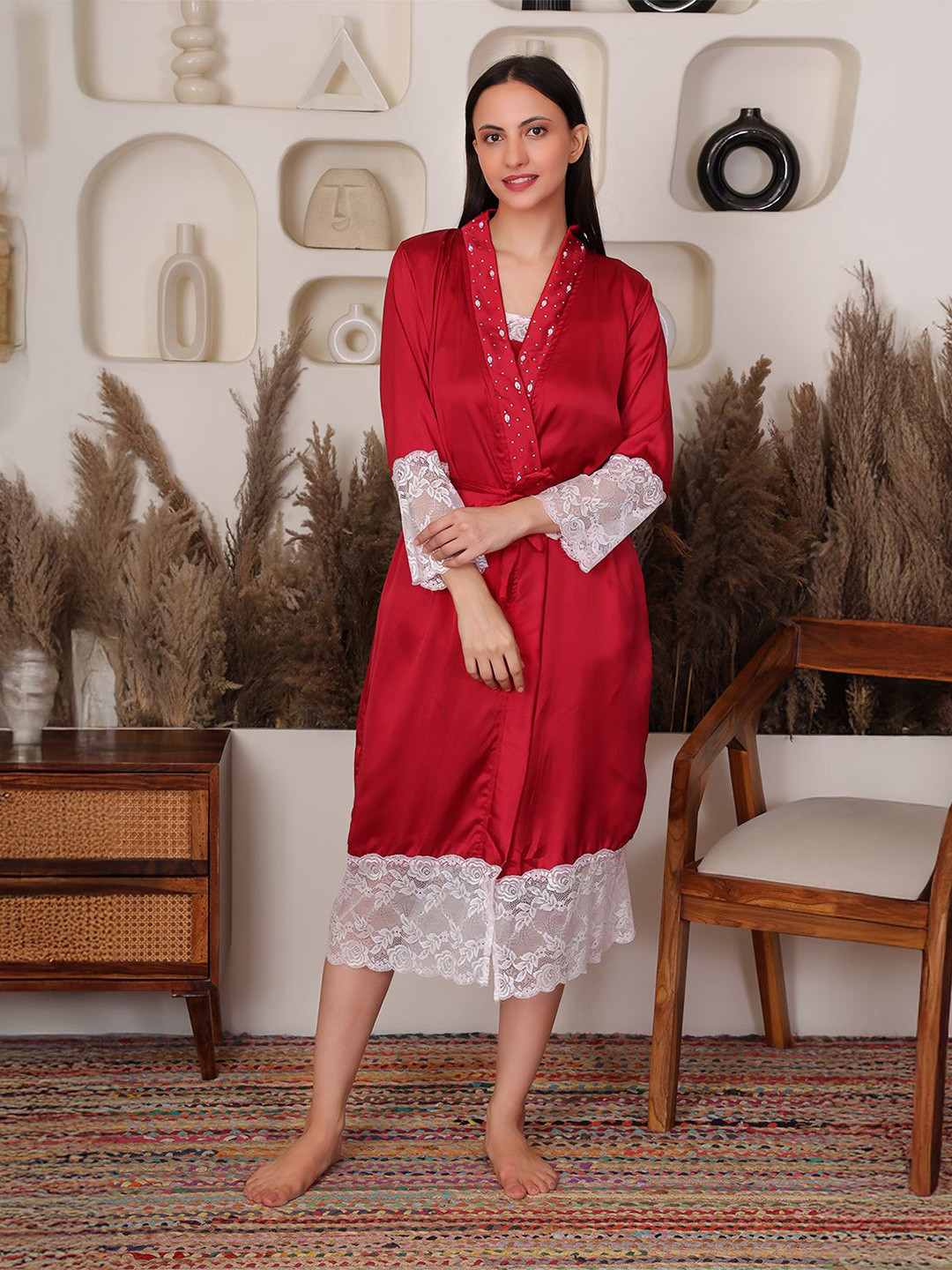 HOUSE OF ELORRA Solid embrioidered V Neck Knee Length Wrap Nightdress