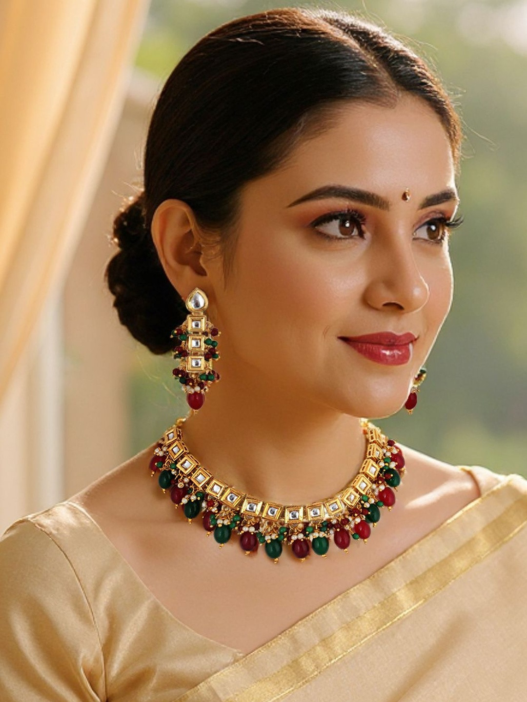 LUCKY JEWELLERY 18K Gold-Plating Studded & Pearls Beaded Jewellery Set