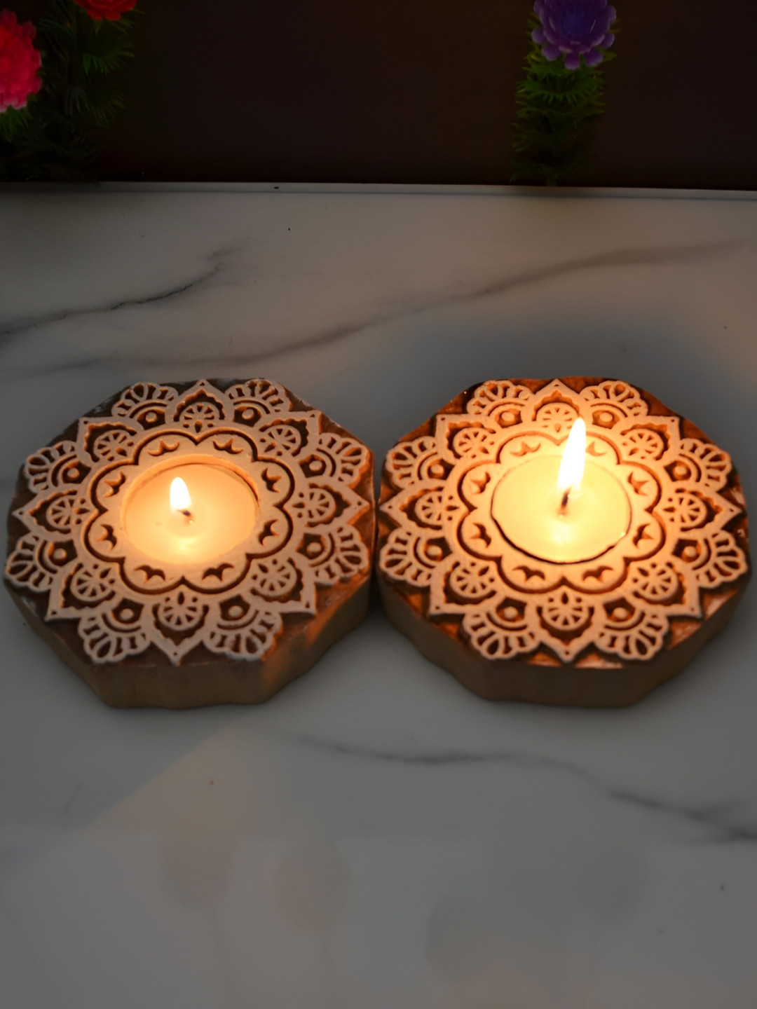 CraftVatika Brown & White 2 Pieces Bamboo Candle Holders