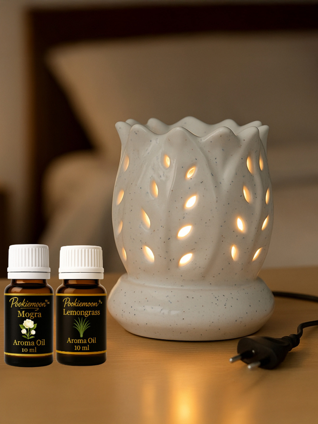 Pookiemoon White Lotus Ceramic Electric Aroma Diffuser with Mogra and lemongrass 10ml Each