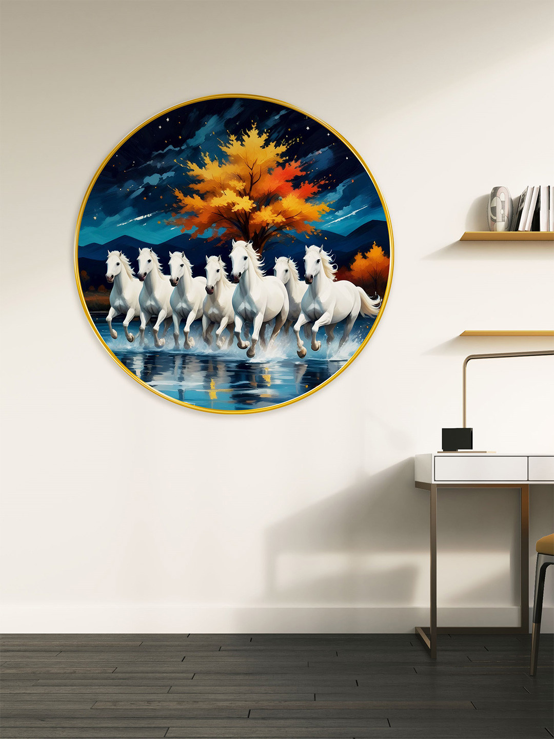 SAF Blue & White Seven Horse Wooden Rounded Wall Paintings