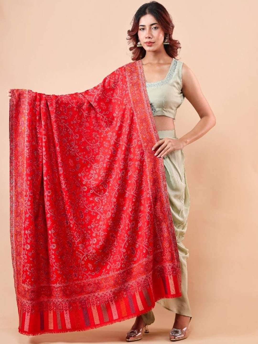 THE SHAWL STUDIO Floral Small Leaf Woven Design Woollen Kani Shawl