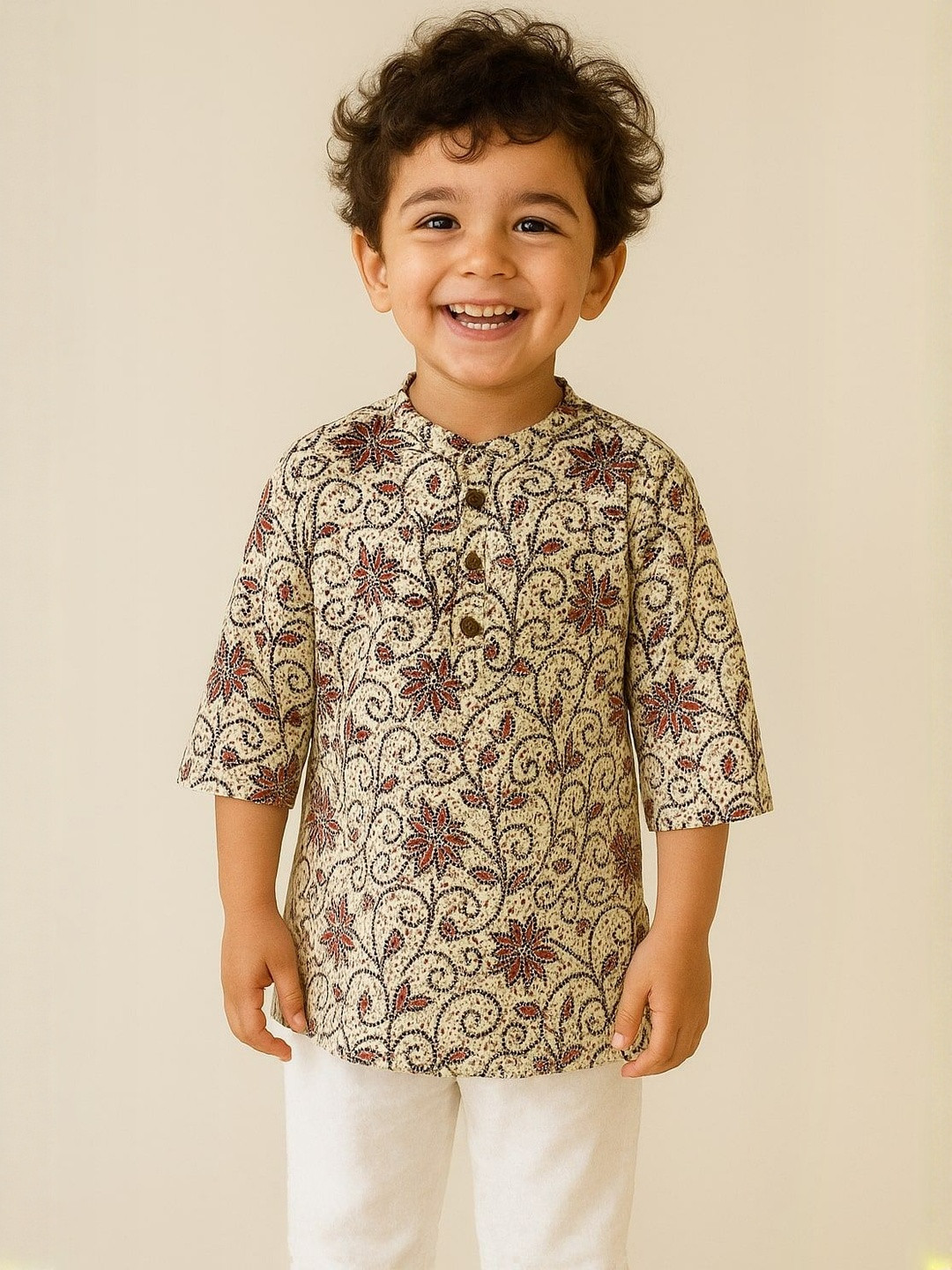 L R TEXTILES Boys Cotton Floral Block Print Kurta